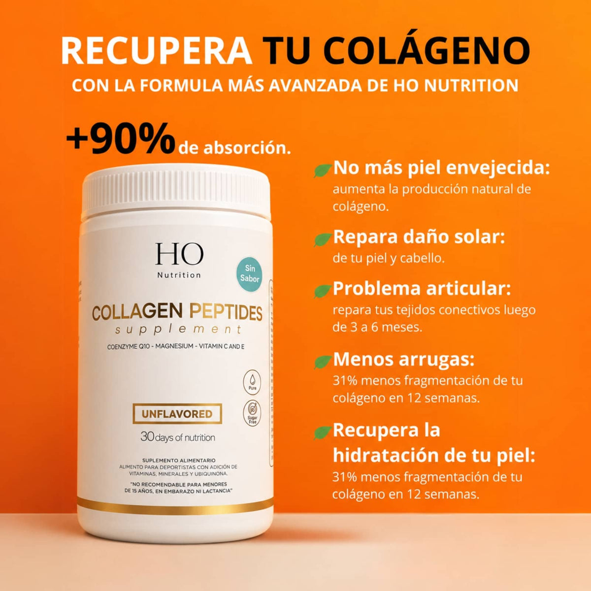 Beneficios de los Peptidos de Colageno Hidrolizado Ho Nutrition sabor naranja
