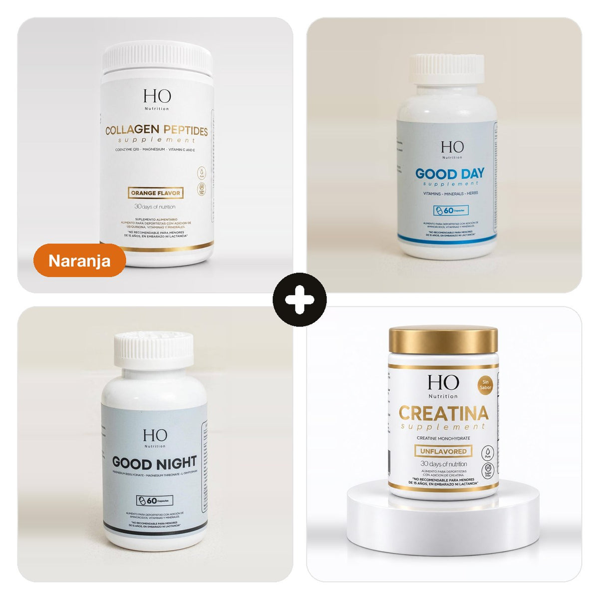 Pack Péptidos de Colágeno Hidrolizado Naranja + Good Day + Good Night + Creatina Ultra Pura HO Nutrition