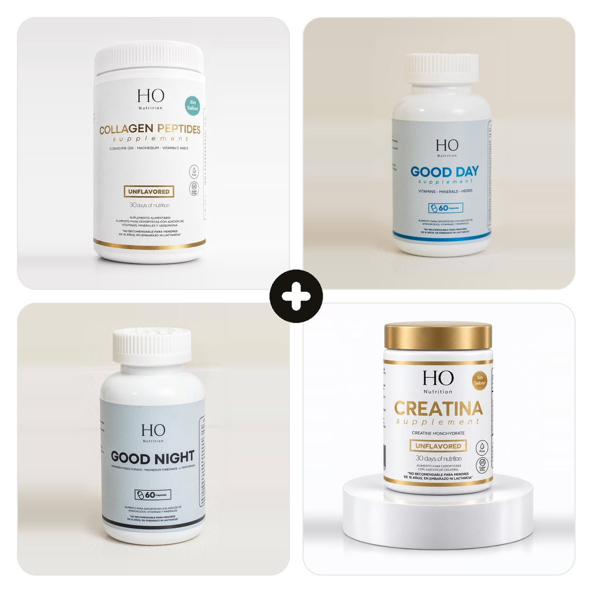 Pack Péptidos de Colágeno Hidrolizado Sin Sabor + Good Day + Good Night + Creatina Ultra Pura HO Nutrition