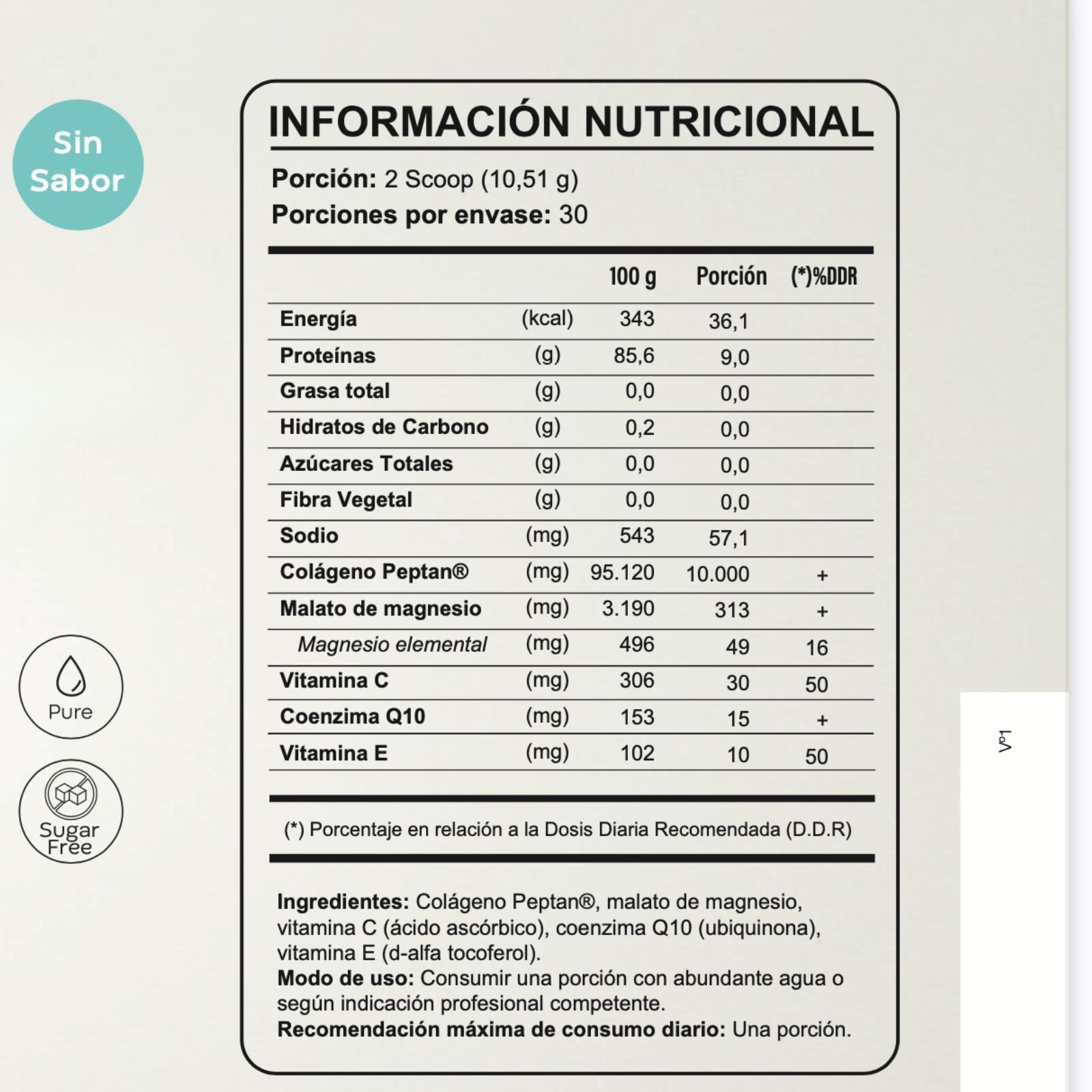 Información Nutricional Péptidos de Colágeno Hidrolizado - Ho Nutrition 