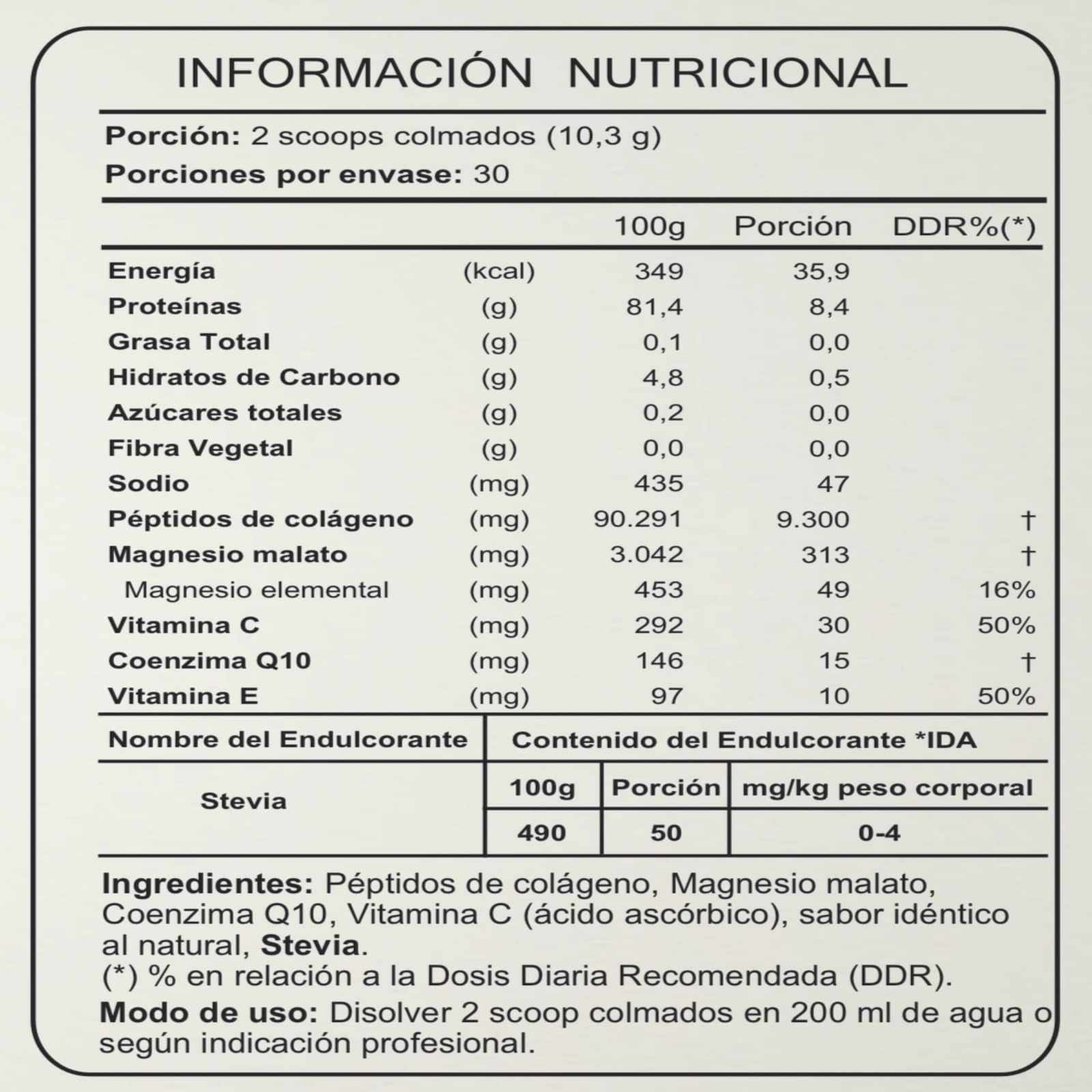 Informacion nutricional de peptidos de colageno